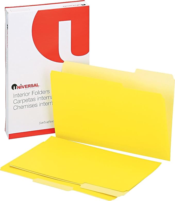 Universal 15304 Recycled Interior File Folders, 1/3 Cut Top Tab, Legal, Yellow, 100/Box