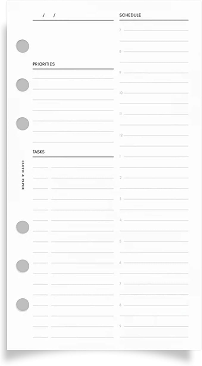 Cloth & Paper Daily Planner Inserts – Personal Size 6-Ring Punched Refill Pages – Undated 90 Pages (45 Double-Sided), Schedule 7AM–9PM, Priorities & Tasks – Minimalist Design for Productive Planning