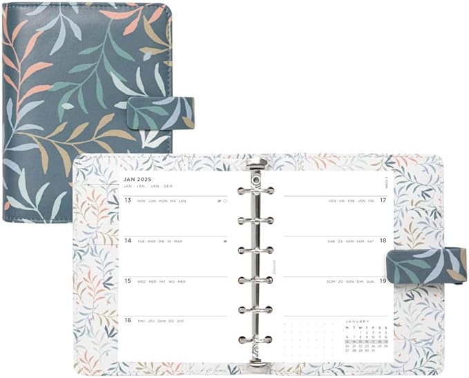 Filofax Botanical Organizer, Pocket Size, Blue - Smooth, Leather-Look, Six Rings, Week-to-View Calendar Diary, Multilingual, 2025 (C022644-25)