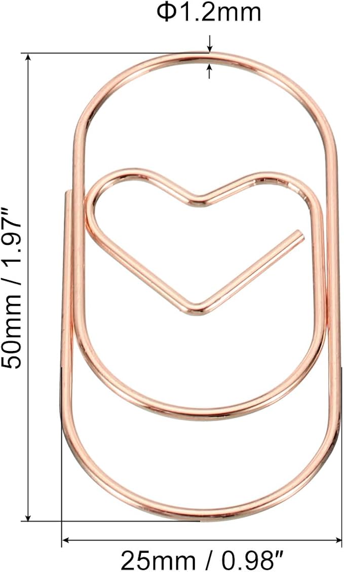 MECCANIXITY Paper Clip Heart-Shaped Cute Decorative Fun Clips Bookmarks 2 Inch Rose Gold for Organize Office Home, Pack of 50
