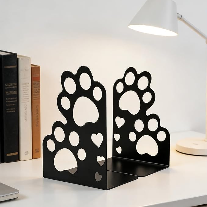 Book Ends, Bookends, Book Ends for Shelves, 2Pair Non Skid Metal Book Divider Decorative Holder, Abstract Art Desgin Book Stopper Supports for Office, Home (Cat Paw)