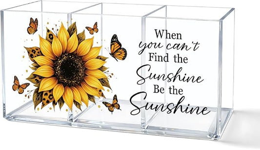 Be The Sunshine Acrylic Pen Holder for Desk, Sunflower Butterfly Desk Organizer Decor for Office Home, Inspirational Back to School Graduation Gifts for Women Teachers Students Coworkers Friends