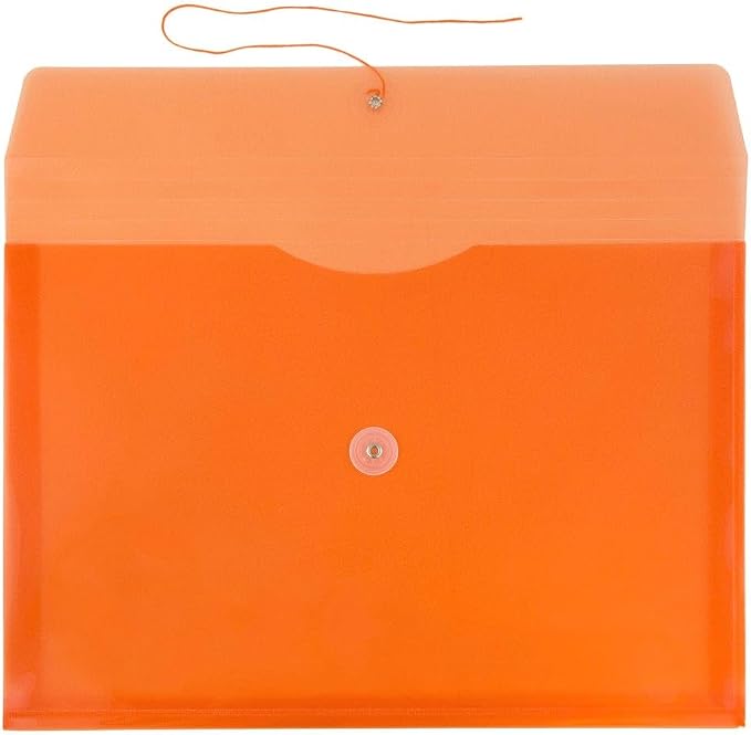 JAM PAPER Plastic Envelopes with Button & String Tie Closure - Letter Booklet - 9 3/4 x 13 - Orange - 3/Pack
