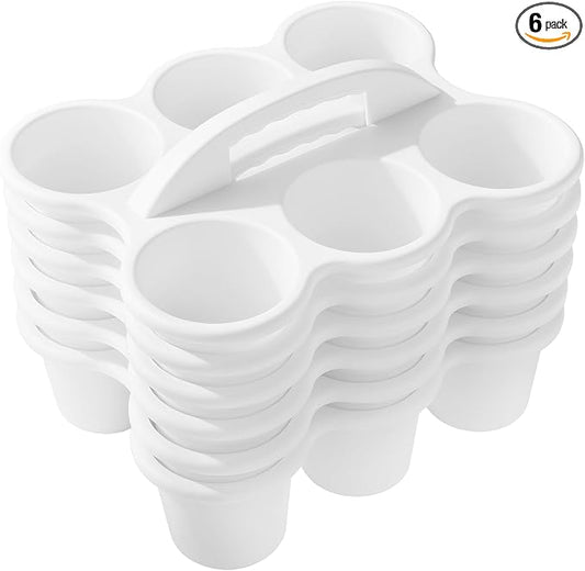 ALINK 6 Pack Classroom Caddy Storage Basket with Handle, Plastic Drink Cup Caddy Holder, 6 Compartments for Kids, Table, Office, Arts, Crafts, Crayon, Marker, Pencil, School Supplies - White