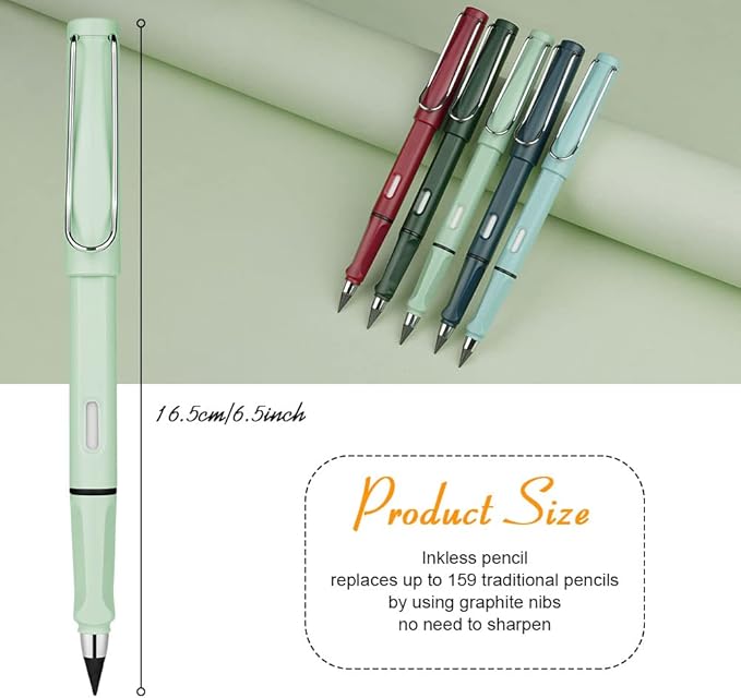 Ainiv Inkless Pencil with Eraser, 5 Sets Infinity Pencil Everlasting Pencil, Reusable Infinite Pencil with Extra 5 Eraser & 5 Replaceable Nibs, Endless Pencil for Home Office School Writing Drawing