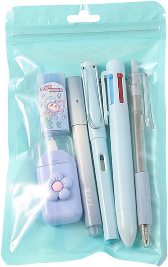 6Pcs Stationeries Set with Retractable Gel Pen Multicolored Pen Eraser Pencil Marker White Out Correction Tape Supplies