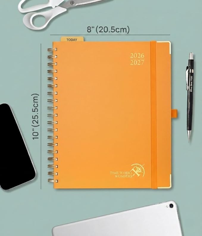 POPRUN 2026-2027 Academic Year Weekly and Monthly Planner Calendar,Jul 2026 - Jun 2027，10" x 8"， Daily Agenda Book & Appointment Book with Hourly Schedule, Tabs, Hardcover, School and Office Supplies - Orange