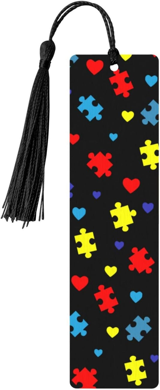 Autism Awareness Colorful Puzzle 5pcs Wood Bookmarks with Tassel for Planner Reading Book Lovers Accessory Readers Men Women 4.6 X 1.2 Inch