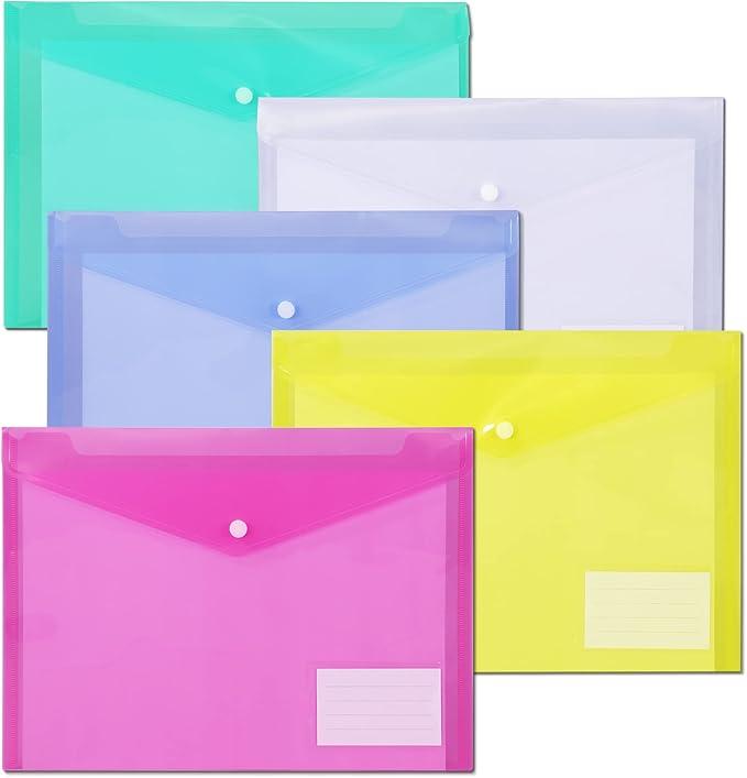 10 Pack Plastic File Folders with Pockets, Colorful Hook & Loop Closure Envelopes, Clear Poly Document Folders Letter/A4 Size, Waterproof Tear-Proof Organizers for Teacher Supplies, Office & School