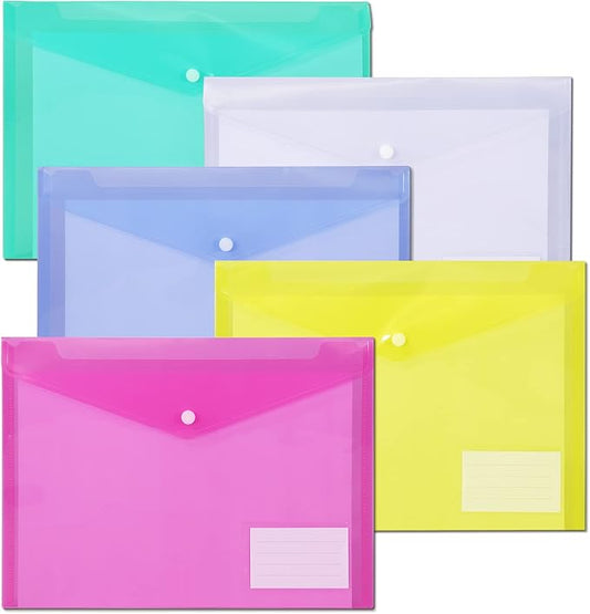 10 Pack Plastic File Folders with Pockets, Colorful Hook & Loop Closure Envelopes, Clear Poly Document Folders Letter/A4 Size, Waterproof Tear-Proof Organizers for Teacher Supplies, Office & School