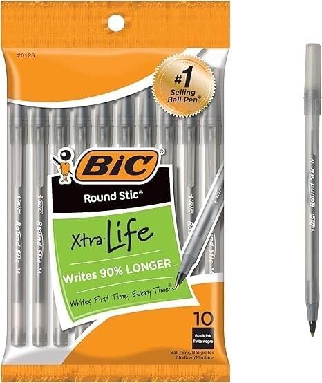 BIC Round Stic Xtra Life Black Ballpoint Pens, Medium Point (1.0mm), 10-Count Pack of Pens, No. 1 Selling Ballpoint Pens (Pack of 12, 120 Count Total)