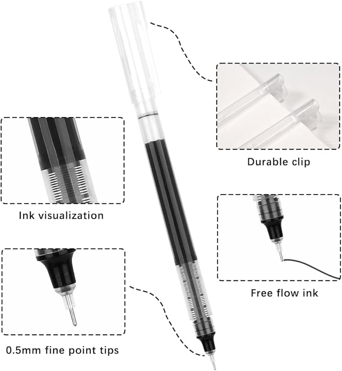 Black Pens for School Back to School Pens Liquid Ink Rollerball Pen Black Fine Tip Pen 12 PCS Extra Fine Point Writing Pencils Pack of Pencil Black Ink 0.5 Mm Left Handed