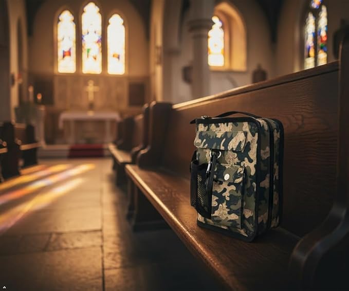 Bible Cover Case for Men Women Green Camo Medium Bible Book Cover with Durable Handle Quilted Bible Carrying Bag Prayer Church Scout Book Case with Compass Carabiner Camouflage