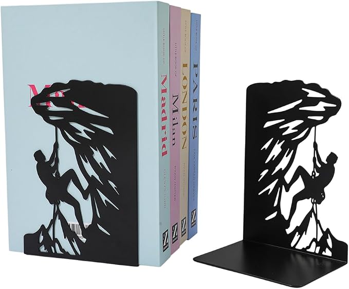 Book Ends, Bookends, Book Ends for Shelves, 2Pair Non Skid Metal Book Divider Decorative Holder, Abstract Art Desgin Book Stopper Supports for Office, Home (Rock Climbing)