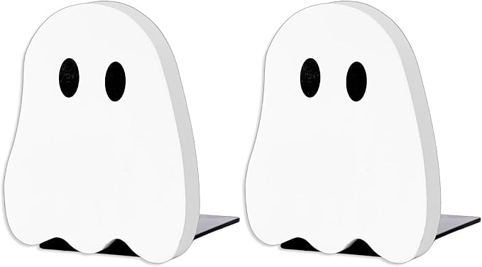 JarThenaAMCS 2Pcs Halloween Wood Bookends White Ghost Shape Wooden Book Stands Cute Ghost Non Skid Book Stoppers for Heavy Books Home School Office Library
