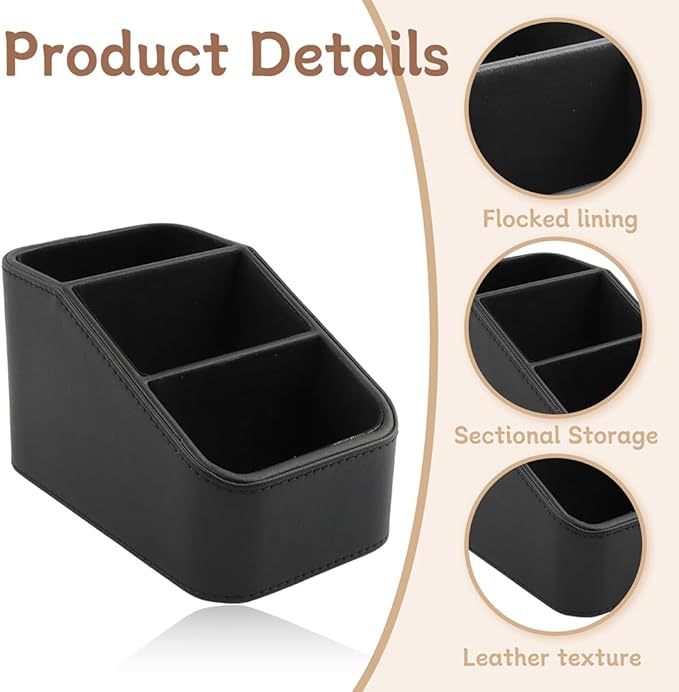 TV Remote Control Holder, PU Leather Office Desk Storage Caddys with 3 Compartments, for Nightstand End Table Couch, Desktop Storage Box for DVD, Blu-Ray, Media Player, Heater Controllers