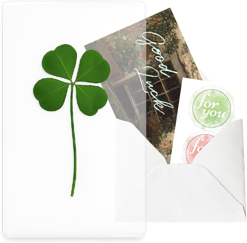 Genuine Real Four-Leaf Clover Bookmark, Elegant Bookmark, Smartphone, Wallet Coated Gift Thank You Card Four-Leaf Clover Gift (Fine Art Card)