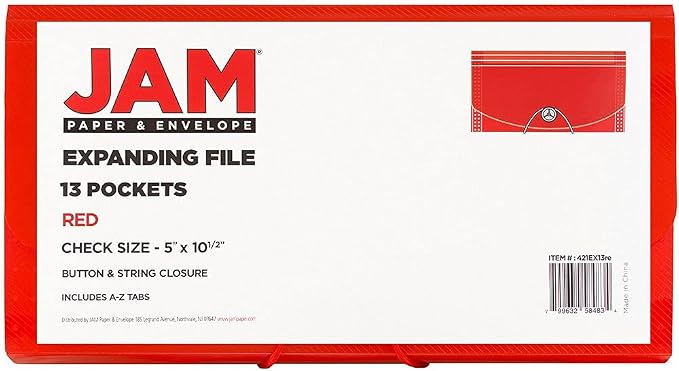 JAM PAPER Accordion Folders - 13 Pocket Plastic Expanding File - Check Size - 5 x 10 1/2 - Red - Sold Individually