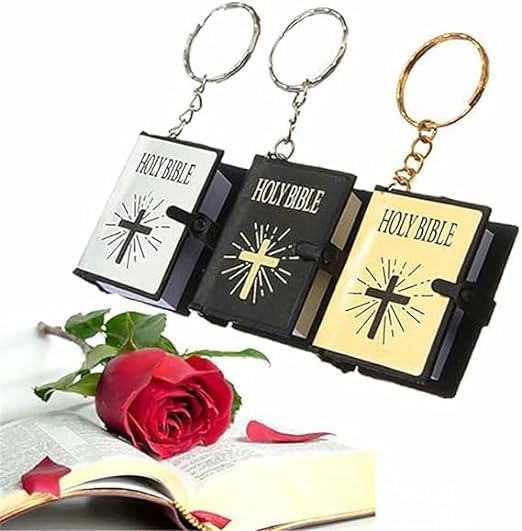 Jowxsx 3 Pcs Bible Keychain,Miniature Real Bible Key Chains Keyrings Handbag Pendant Xmas Gift Religious Favors Black Silver Gold Bible Covers, Book and Bible Covers