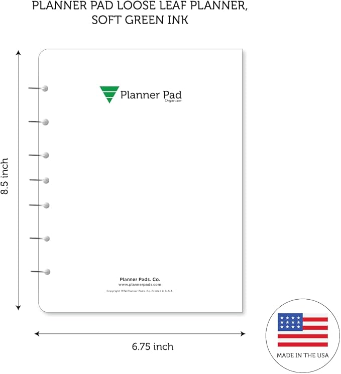 Planner Pad 7 Hole Loose Leaf January-December 2026/ Calendar Year 6 3/4" x 8 1/2" Medium 3-Tier Funnel Down 12 Month Organizer, Soft Green Ink