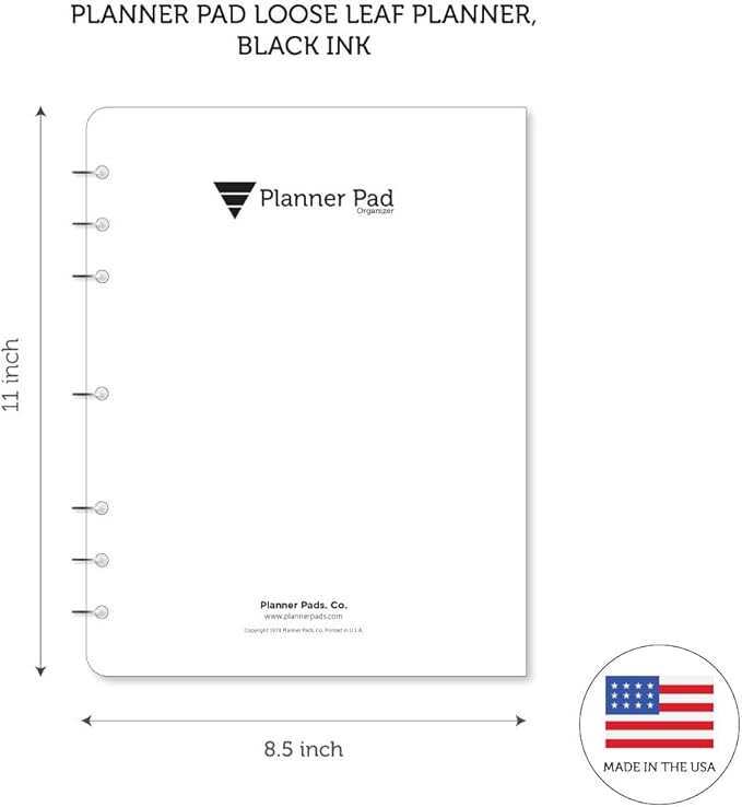 Planner Pad 7 Hole Loose Leaf 3-Tier Funnel Down 12 Month Organizer, October 2025 – September 2026 / Academic Year Black Ink, 8 1/2" x 11”