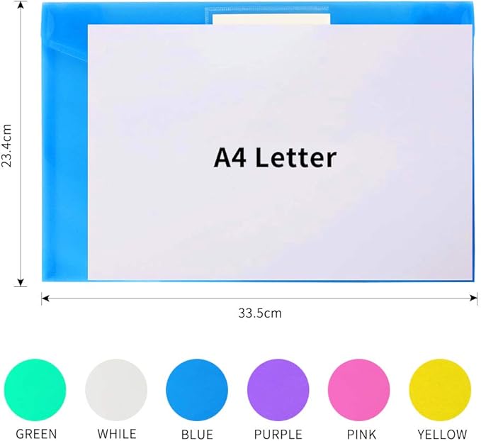 6 Pack Plastic Poly Filing Envelopes, Clear Document Folders US Letter A4 Size File Envelopes with Label Pocket & Paste Button for School Home Work Office Organization, 6 Assorted Color