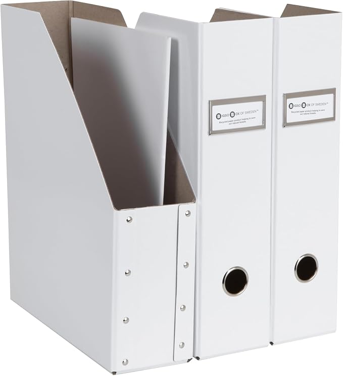Bigso Fiona 3 Piece Fiberboard Upright Magazine Storage Boxes for Papers with Metal Label Holder - Durable Magazine File Holder for Office Desks - 3.3in x 10in x 12.4in - 3 Piece - White