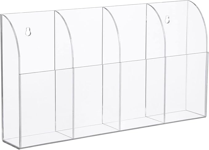 Yeeco Acrylic Remote Holder Wall Mount - 4 Compartment, Clear Acrylic Remote Control Holder, 10.4''1.6''5.6'' Wall Pen Holder, Pen & Makeup Key Organizer