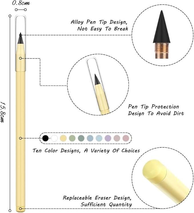 Ainiv Everlasting Pencil - Infinity Pencil with Eraser, Reusable with 10 Replaceable Nibs, Ideal for Home, Office, School and Drawing