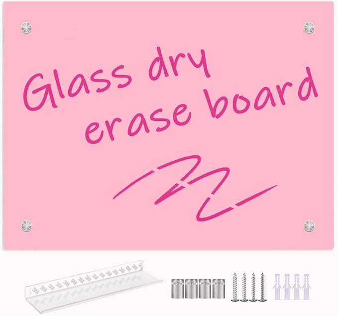 Pink Glass Dry Erase Whiteboard, 12" x 16" Frameless Glass White Board for Home,School,Office,Pink Surface
