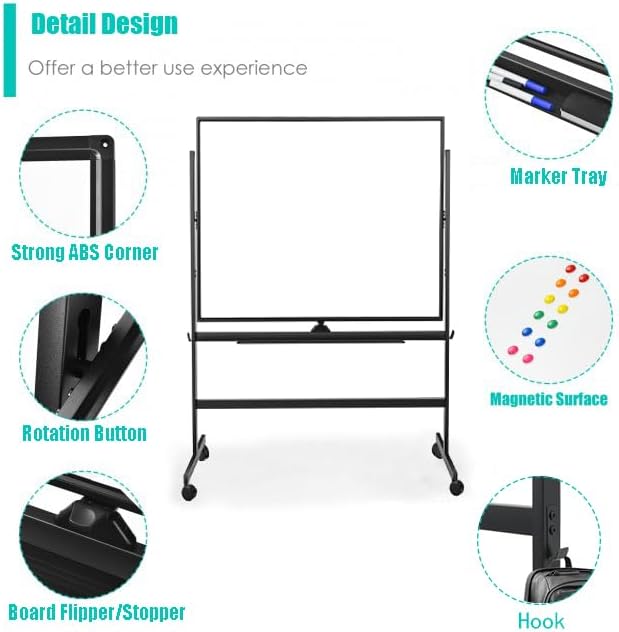 BIBOC Large White Board 32x48 Inches - Mobile Rolling Whiteboard on Wheels, Double-Sided Height Adjustable Dry Erase Board with Stand for Office, School, Home