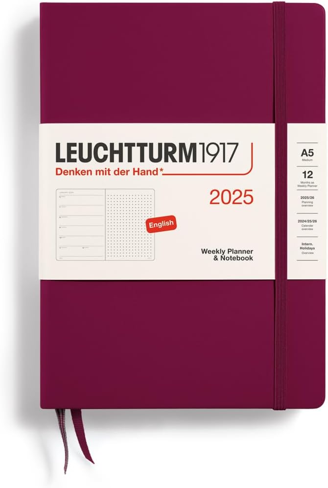 LEUCHTTURM1917 - Weekly Planner & Notebook Dotted 2025, Hardcover, Medium (A5), Port Red (Jan 1 - Dec 31, 2025)