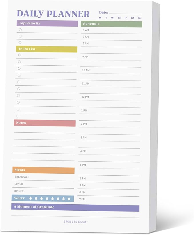 Daily Planner Notepad, 5.5 x 8.5" Tear-Off Pad – 70 Undated Sheets Focus-Enhancing Desktop Organizer with Hourly Schedule, To-Do List for Work, School (White, Colorful, 1 Pack)