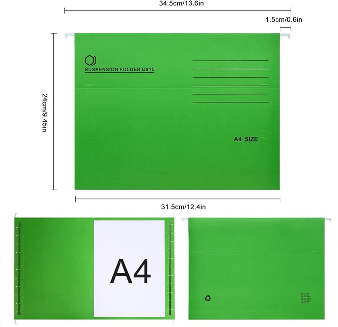 A4 Hanging File Folders, 25 Pcs Recycled Card File Folders for Filing Cabinet with Tabs and Card Inserts, Hanging Files Storage Folders for Office and School, Green