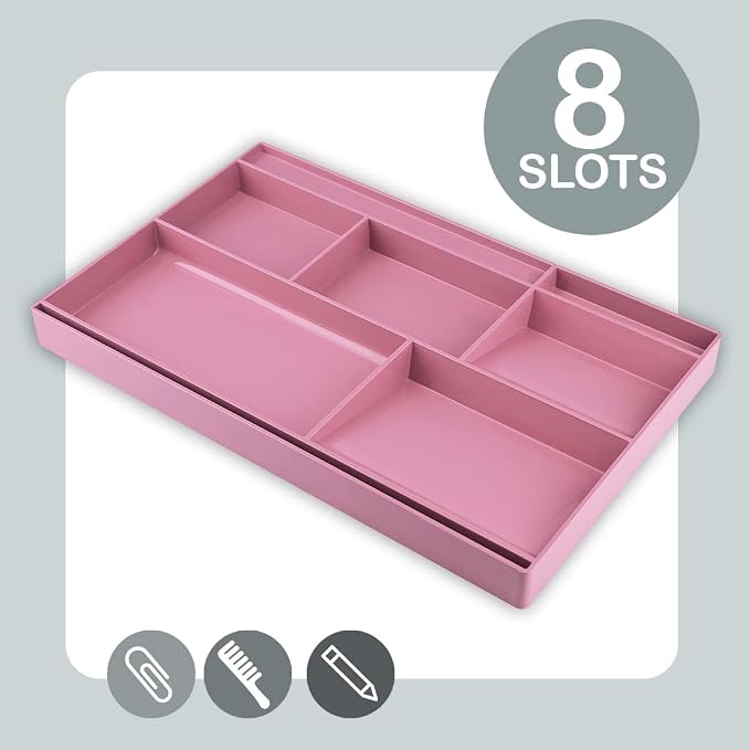 Acrimet Desk Drawer Organizer Tray with 8 Compartments – Multi-Purpose Bin for Office Supplies, Makeup, and Accessories – Fits inside Drawers or Desktops, 12.75" x 8" x 1.06" (Plastic) (Pink Color)