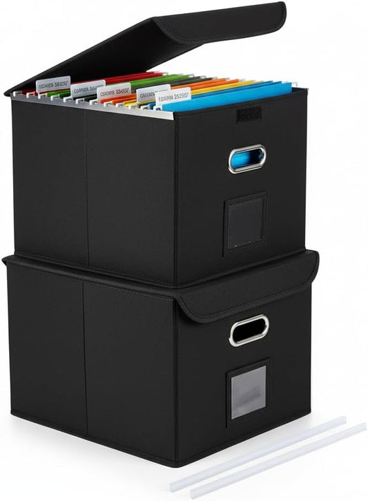 CADONO File Organizer Box with Lid, Large Hanging File Folder Organizer with Plastic Slide, Collapsible Portable Filing Storage Boxes for Office/Decor/Home (Black, 14.9 x 12.59 x 10.8 inch, 2-Pack)
