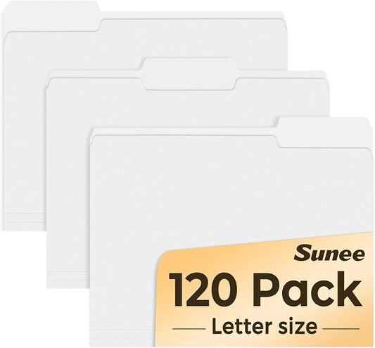 SUNEE File Folders, 120 Pack Manilla Folders 8.5 x 11, 1/3 Cut Tab for Easy Labeling and Organization, Durable Standard Paper for Home, Office, School Filing, White