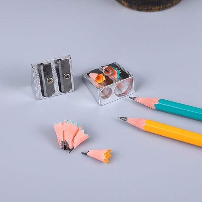 4Pcs Silver Magnesium Pencil Sharpener, Magnesium Metal Manual, Double Holes Rectangular, Handheld Pencil Sharpener, Writing and Correction Supplies