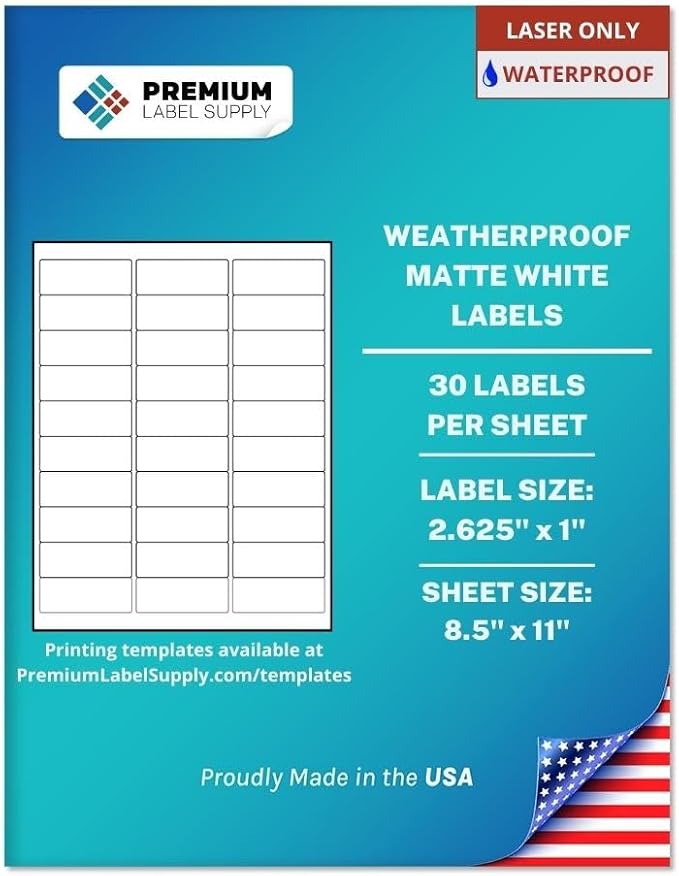 Premium Label Supply Waterproof White Address Sticker Labels – 2.625" x 1" – Laser Printers Only – (30 per Sheet), 1000 Sheets - 30,000 Total Adhesive Labels