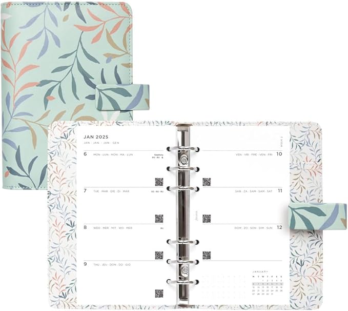 Filofax Botanical Organizer, Personal Size, Mint - Smooth, Leather-Look, Six Rings, Week-to-View Calendar Diary, Multilingual, 2025 (C022648-25)