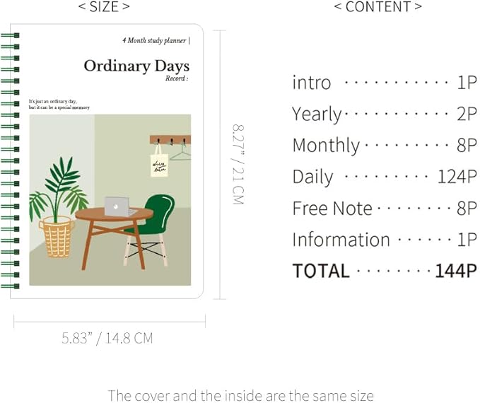 Monolike Ordinary days 4 Month Study Planner, Green day - Academic Planner, Weekly & Monthly Planner, Study plan