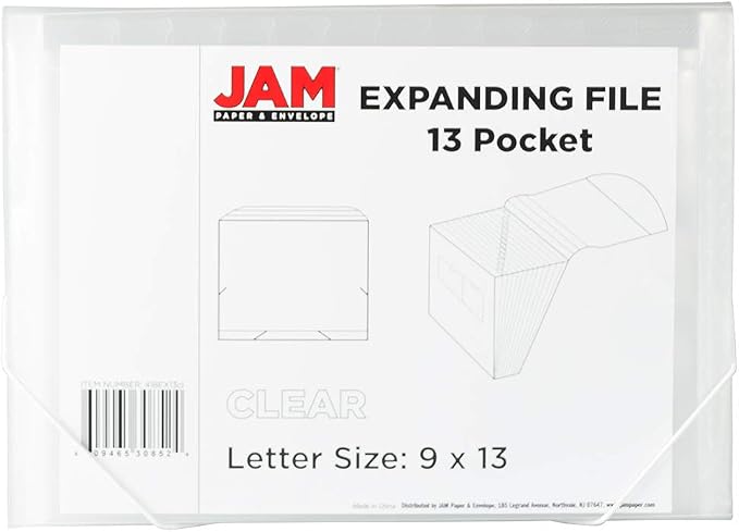 JAM PAPER Accordion Folders - 13 Pocket Plastic Expanding File - Letter Size - 9 x 13 - Clear - 2/Pack