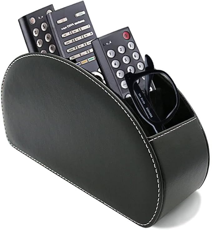 Remote Control Holder Organizer with Metal Bottom Stable Table Desk Leather Control Storage TV Remote Control Organizer with 5 Spacious Compartments (Black with Metal Bottom)