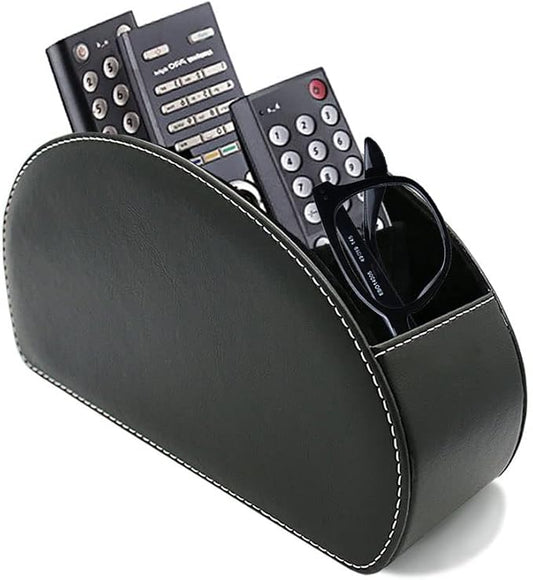 Remote Control Holder Organizer with Metal Bottom Stable Table Desk Leather Control Storage TV Remote Control Organizer with 5 Spacious Compartments (Black with Metal Bottom)