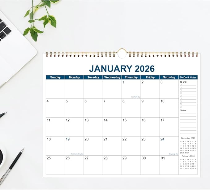Calendar 2026 - Wall Calendar from January 2026 to December 2026, 2026 Wall Hanging Calendar Planner with Thick Paper, 12" x 14.5", Blue