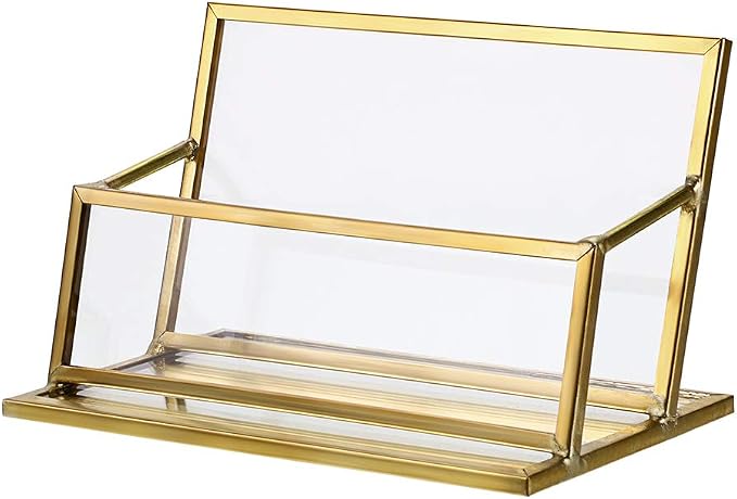 Hipiwe Glass Business Card Holder Stand - Vintage Gold Metal Name Card Display Stand Office Desktop Countertop Business Card Organizer