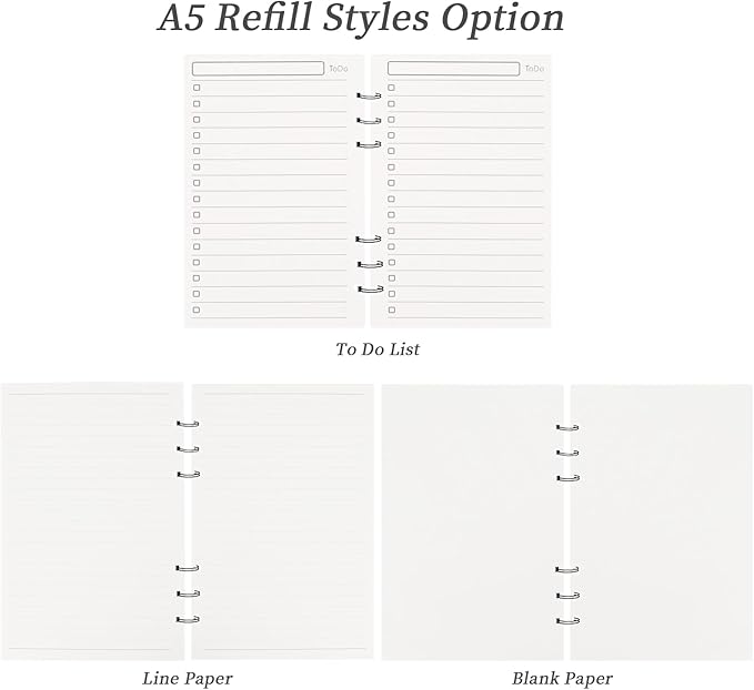 Multibey A5 Refill Paper, 3-Pack Planner Insert for A5 Binder, 100GSM Thick Refillable Paper 6 Hole Filler Inserts Loose Leaf Paper 135 Sheets (270 Pages), Blank/Lined/TO DO Inserts Paper