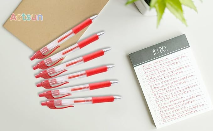 Actsun Red Gel Ink Pens, 12 Pcs, Fine Point, Smooth Writing, Retractable, 0.8 Mm, Gift for Women & Men, Journaling, School & Office Supplies