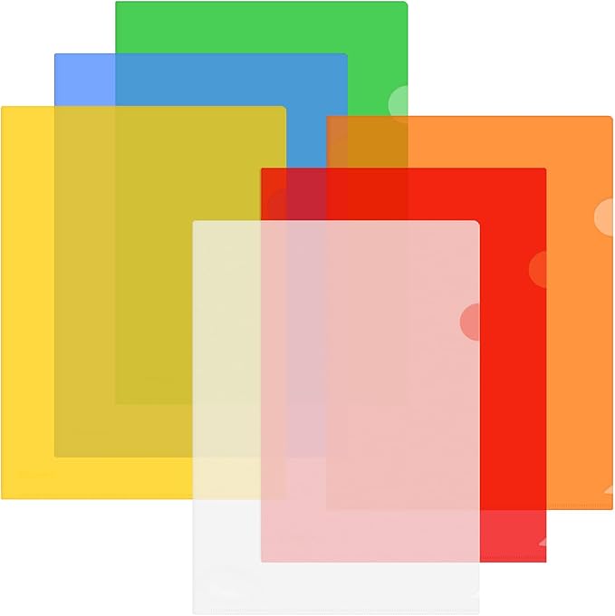 ViVin 6 Pack Plastic Clear Document Folders, L-Type Plastic 8.5x11 File Sleeves for Document Protection, Transparent Reusable A4 Project Pockets for School, Office, Home(6 Assorted Colors)