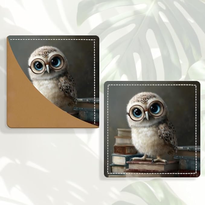 2PCS PU Leather Bookmarks 3.5x3.5 Inch Owl with Glasses Book Design | PU leather bookmarks for books with cute owl glasses design for classroom reading, library study, young readers and teachers.